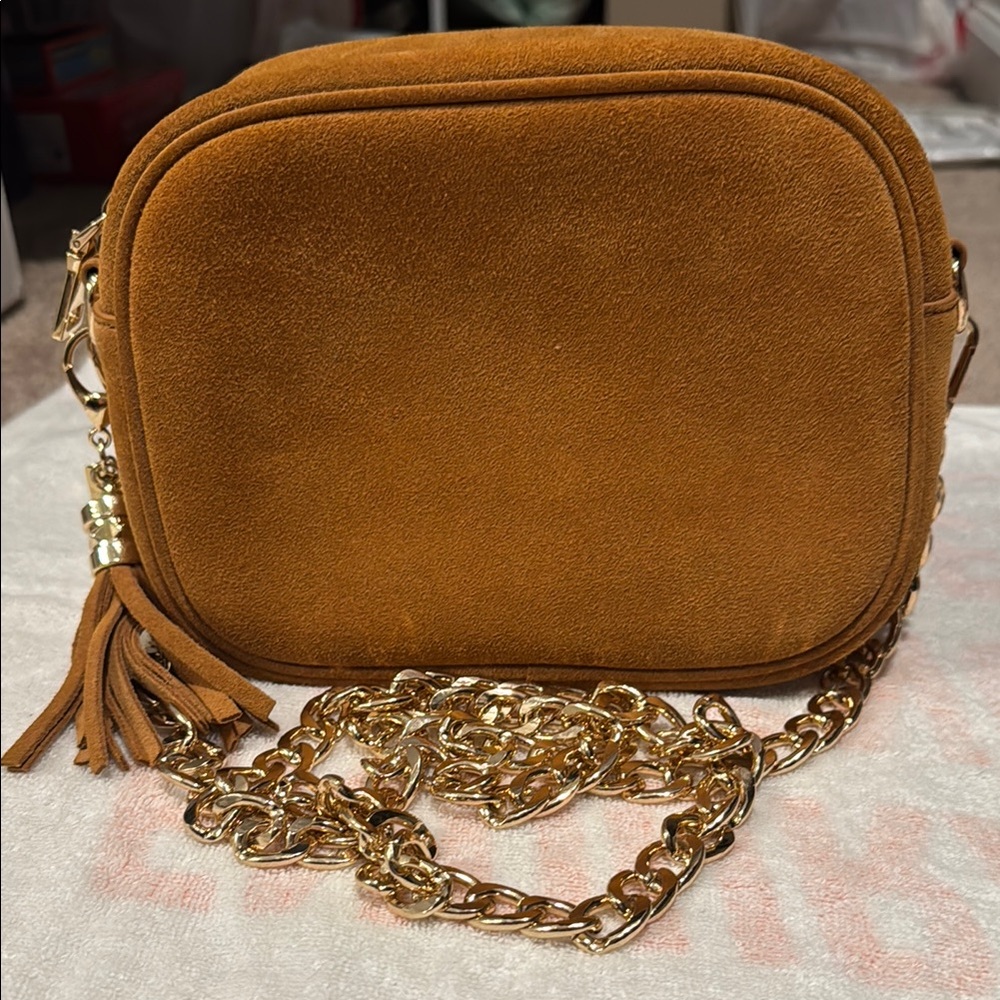 Suede Leather PomPom London Women's Bag with Gold Chain